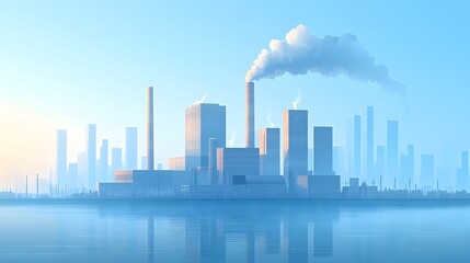 Obraz premium Vector flat landscape of an industrial plant, with smoke rising from chimneys, situated near a modern city skyline, using clean lines and geometric forms.