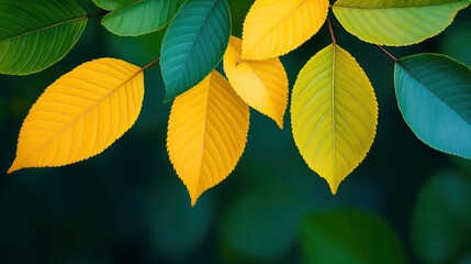 Autumn Leaves Turning Yellow and Green on a Branch