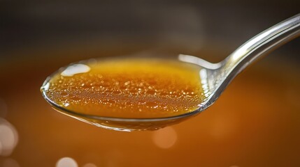 A close-up of a spoonful of golden syrup, showcasing its texture and color.