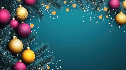 Colorful holiday ornaments hang from pine branches against a teal background, creating a festive atmosphere for winter celebrations