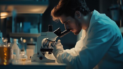 Young scientist examining samples under a microscope in a laboratory at night while wearing gloves and a lab coat
