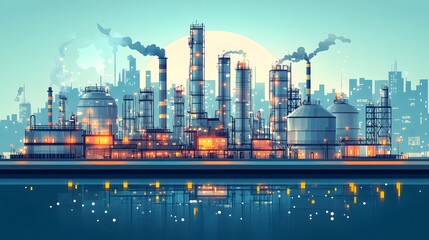 Vector flat illustration of an industrial complex, featuring smokestacks and storage tanks, with a modern city in the background, utilizing minimalist design and bright colors.