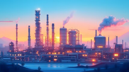 Obraz premium Vector flat illustration of an industrial complex, featuring smokestacks and storage tanks, with a modern city in the background, utilizing minimalist design and bright colors.