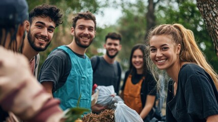 Obraz premium Group of friends organizing a charity fundraiser or community cleanup event with enthusiasm and teamwork
