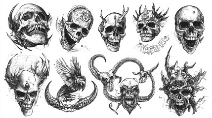 Fototapeta premium Creepy Gothic Skull Art: Intricate Tattoos, Dark Illustrations, and Menacing Fantasy Designs Featuring Horns, Serpents, Owls, and Eerie Symbols in Detailed Monochrome Patterns
