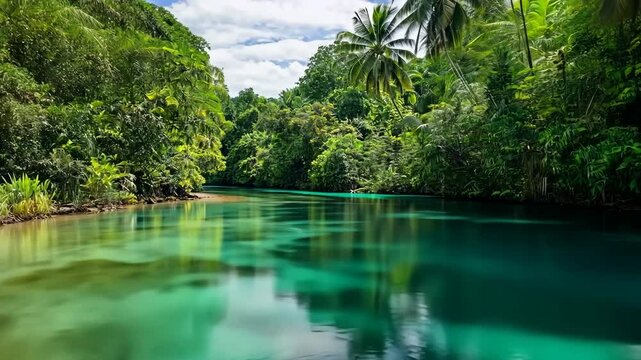 A beautiful blue river with trees in the background. The water is calm and clear. The scene is peaceful and serene