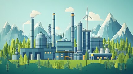Industrial plant with a focus on sustainability, including waste treatment facilities, wind power, and solar energy, surrounded by natural elements like trees and mountains, in a flat vector style.