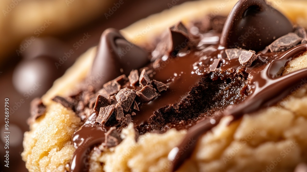 Poster A close-up of a decadent chocolate chip cookie with melted chocolate and chocolate pieces.