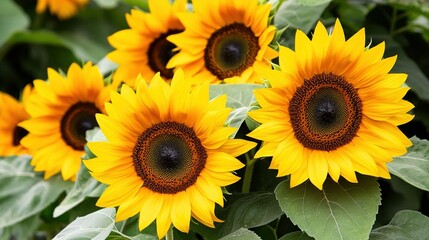 Obraz premium Vibrant sunflowers in full bloom under bright sunlight, showcasing their golden petals and dark centers in a lush green garden setting