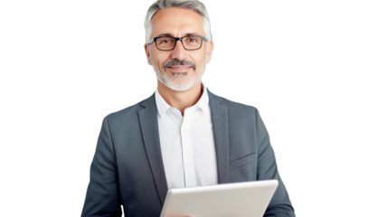 Portrait of a handsome smiling mature businessman holding tablet pc on transparent background PNG.