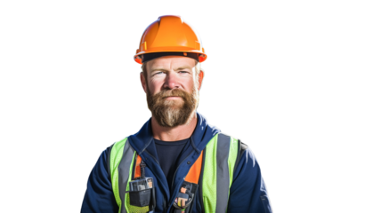 Confident construction worker in hard hat on transparent background PNG.
