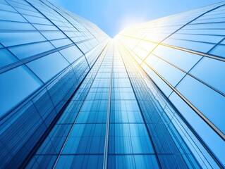 A stunning view of a modern skyscraper reaching towards the bright sky, showcasing sleek glass and innovative architecture.