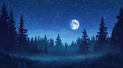 Naklejka premium Moonrise over a quiet forest, with stars twinkling above, creating a peaceful night nature scene.