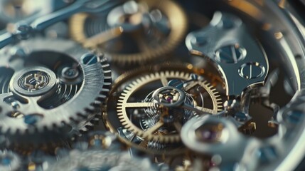 Close-up of metal cogs and gears in motion, highlighting their intricate details and blue-toned surface.