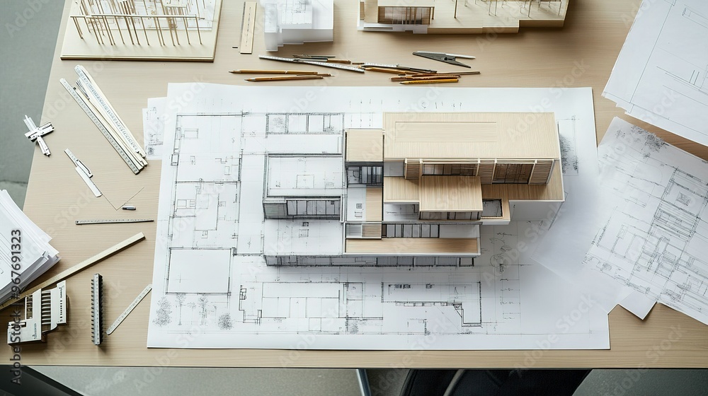 Poster architectural model and blueprints displayed on a work table in a design studio during daylight hour