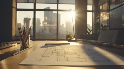 Fototapeta premium Morning sunlight illuminates an architect's workspace with blueprints in a modern office overlooking a city skyline