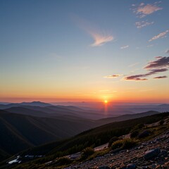 Obraz premium Breathtaking Sunset Over Snow-Capped Mountain Peaks and Forests..