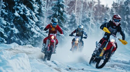 Three riders on dirt bikes blazing through a snowy forest trail, showcasing adventure and speed.