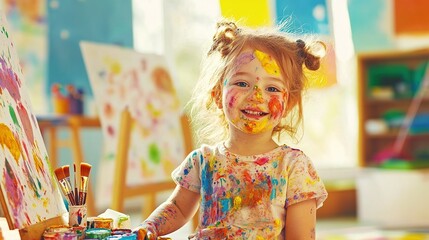 Young girl joyfully painting in a colorful art studio filled with bright sunlight and artistic supplies