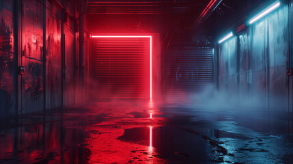 A dark industrial alley illuminated by vibrant red and blue neon lights, with mist and wet reflections on the ground