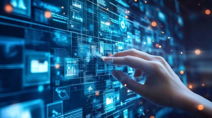 A hand reaching out to touch a digital interface with various graphs and data.