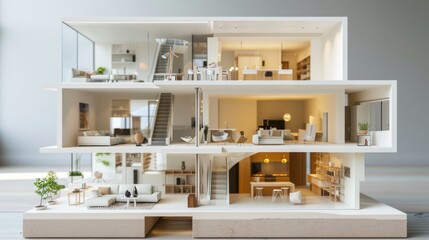 A sleek, modern dollhouse with three levels, each showcasing minimalist design, stylish furniture, and an abundance of natural light.