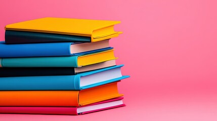 Stack of Colorful Books on Pink Background