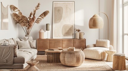 A warm, earthy-toned living room styled with woven furniture, lush plants, and soft natural light exudes modern, cozy comfort and inviting ambiance.