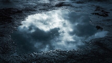 Obraz premium Cloudy Sky Reflected in a Puddle on Dark Pavement