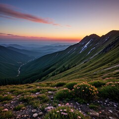 Obraz premium Breathtaking Sunset Over Snow-Capped Mountain Peaks and Forests..