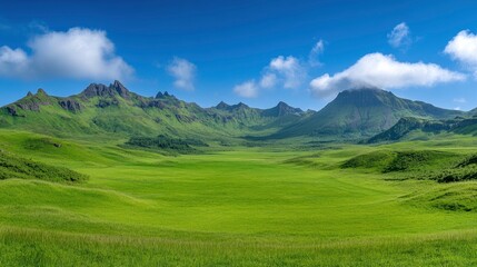 Fototapeta premium Lush Green Valley Surrounded by Majestic Mountains Under a Blue Sky