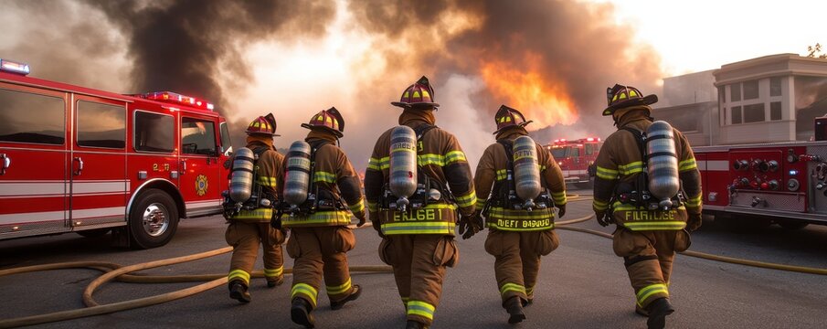 Brave firefighters approach a blazing fire, ready to combat the flames and protect the community under dramatic sunset light.