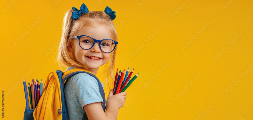 Poster A cute little girl wearing blue glasses and holding books, with a colorful background, is smiling with her mouth wide open