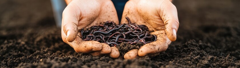 Close-up of hands holding rich soil with live worms, symbolizing healthy composting and ecosystem balance.
