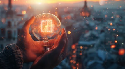 A person holds a glowing light bulb, symbolizing innovation and creativity, with a stunning city skyline at sunset in the background.