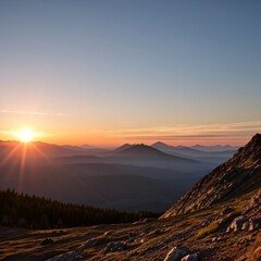 Breathtaking Sunset Over Snow-Capped Mountain Peaks and Forests..