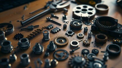 A disorganized array of small mechanical parts lies on a wooden surface, representing the complexity and intricacy of machinery.