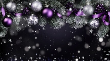 Fototapeta premium Decorative holiday garland with purple and silver ornaments and falling snowflakes on a dark background in winter