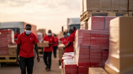 Workers in red uniforms organize boxes in a busy warehouse, showcasing teamwork and efficiency in a logistics setting.