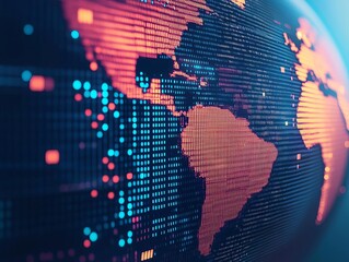 Obraz premium Abstract digital world map with vibrant colors, showcasing global connections and technology trends in a modern design.