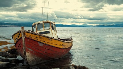 Fototapeta premium A weathered wooden fishing boat beached on a rocky shore with a cloudy sky and mountains in the background.
