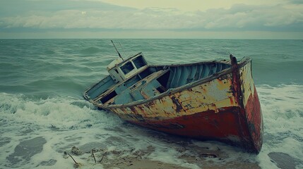 Obraz premium A Weathered Wooden Boat Stranded on a Sandy Beach