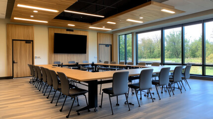 Fototapeta premium A U-shaped wooden conference table in a bright meeting room with large windows, wood accents, and comfortable office chairs.