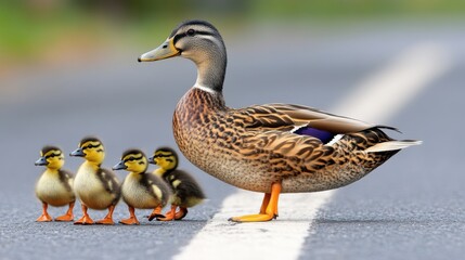 Fototapeta premium A family of a duck and her babies are crossing the road, AI