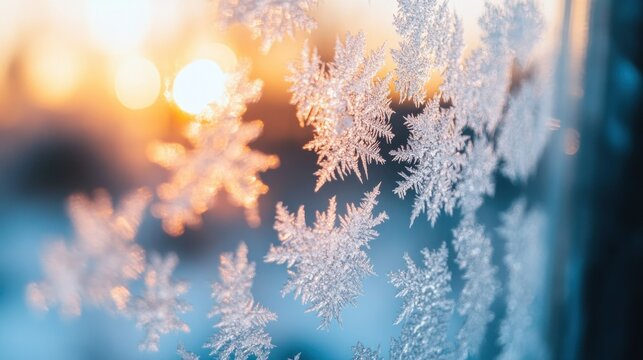 Beautiful frost-covered window with delicate snowflake patterns illuminated by sunset.