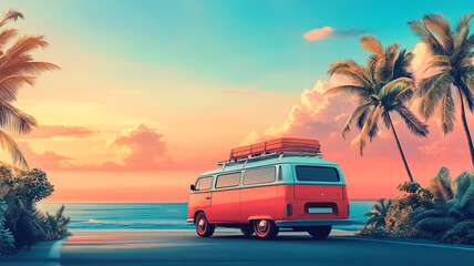 A colorful vintage van parked by the ocean under a vibrant sunset with palm trees