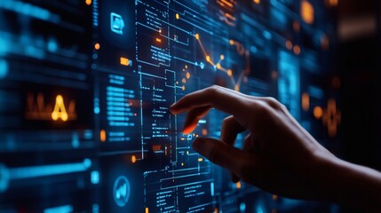 A hand interacts with a digital interface filled with data and code on a screen, glowing with blue and orange hues.