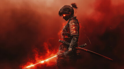 samurai in traditional armor, holding a glowing red sword.