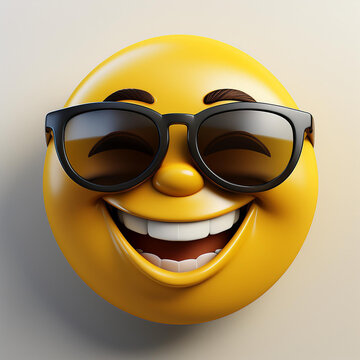 Emoticon, emoji, tridimensional, sorridente de &oacute;culos escuros. Render 3D. Amarelo, preto, fundo colorido. 