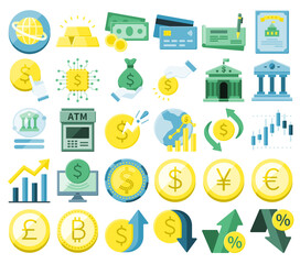 Currency, economy, finance icons set, money market